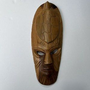 Hand Carved Wooden African or Indonesian Tribal Mask with Turtle Tortoise